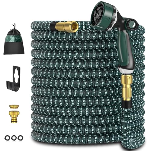 Ultty Mangueira de jardim flexível extensível com chuveiro de 10 funções, mangueira leve e flexível com conectores de latão sólido de 3/4 e 1/2 polegadas e núcleo de látex de 3 camadas, 15 m, cor