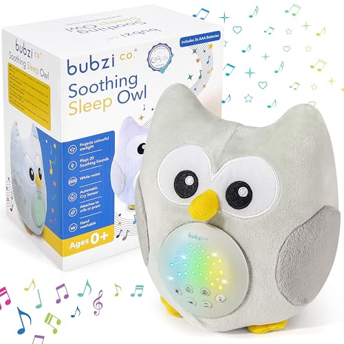 Bubzi Co Peluche de coruja e luz de presença noturna anti-medos, emissor de som, projetor de estrelas LED e 10 canções de embalar, branco, ideal como presente para bebé