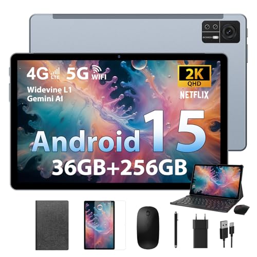 FASTWD Android 15 Tablet de 11 polegadas com 4G duplo SIM e 5G WiFi, tablet Gaming Octa-Core, 36 GB RAM+256 GB ROM (1TB TF), 2K incell120Hz, 9580 mAh, 13 MP+ 8MP, Tablet Com teclado, Cinzento