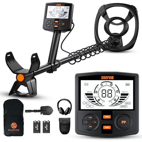 SUNPOW Detector de metais para adultos profissional - alta precisão com bobina impermeável de 12", ecrã LCD retroiluminado 2 x chip, DSP avançado, comprimento ajustável, estrutura em espiral