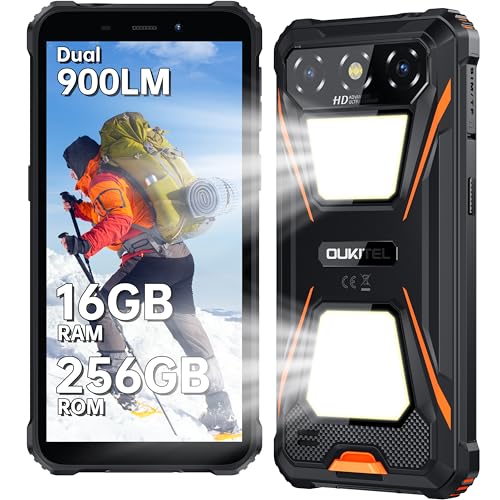 OUKITEL G5 Móvel rugerizado 2025, 16 GB RAM + 256 GB ROM/TF 1TB telemóvel inquebrável, 900 LM luz de acampamento duplo telemóvel resistente, 6300 mAh, câmara 13 MP 14 Android Smartphone, Dual SIM 4G