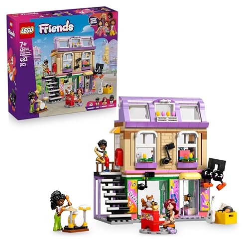 LEGO Friends Loja de música e apartamento - 3 mini bonecas - figura de cão Corgi - instrumentos musicais Inc. Piano, bateria, saxofone e guitarra de brinquedo - presente para meninas de 7 anos 42653