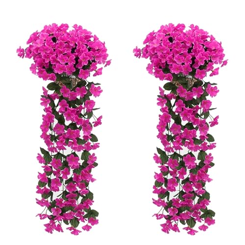 KiKiHong 2 peças flores pendentes artificiais 85 cm, plantas pendentes exteriores, flor pendente artificial decoração para casamentos, casa e jardim (vermelho - roxo)