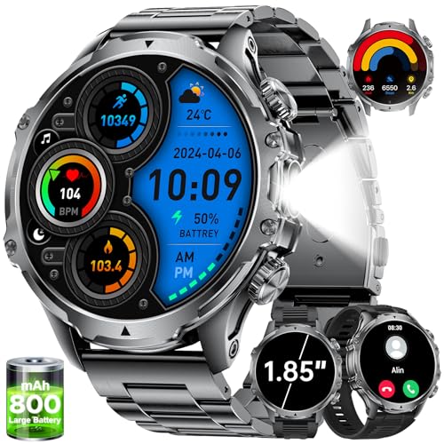 LIGE 1,85" Relógio inteligente homem com lanterna LED, 800 mAh, IP68 impermeável, frequência cardíaca, SpO2, monitor de sonho, mais de 30 dias de espera, chamadas Bluetooth Smartwatch para Android iOS