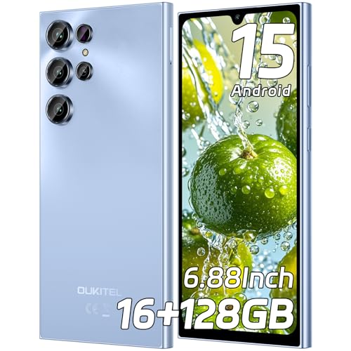OUKITEL C61 Telefones celulares gratuitos Android 15, 16 GB (4 12)+128 GB/1TB Smartphone, 6,88" HD+ 90 Hz telemóvel, bateria 5150 mAh móvel, 4G Dual SIM/Face ID/Fingerprint/GPS/OTG, Azul
