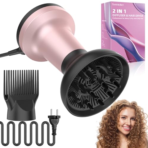 Bartrimber Difusor de cabelo encaracolado, secador de cabelo encaracolado profissional, 2 em 1, 3 temperaturas/2 velocidades, 1700 - 2000 W, secagem rápida, com difusor e pente de palhetas largas,