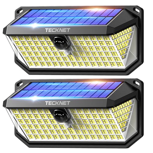 TECKNET Luz solar exterior, 4200 lm 416 LED holofotes LED exteriores solares de movimento 300 ° iluminação 3 modos IP66 impermeável holofotes LED solares para jardim, garagem, pátio, 2 pacotes