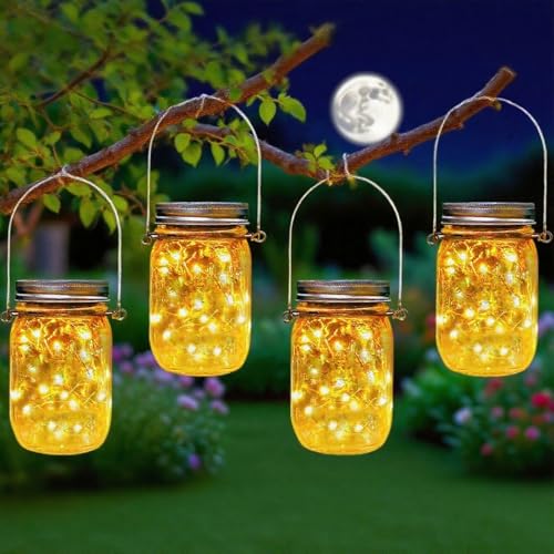 Lanterna solar exterior para jardim, [4 unidades] luz solar conservas impermeável corrente de luzes em vidro decoração de jardim para exterior farol casamento festa parede mesa árvore (branco quente)