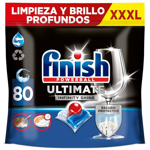 Finish Powerball Ultimate Infinity Shine, pastilhas para máquina de lavar louça com poder removedor de gorduras e proteção de vidro, 80 pastilhas