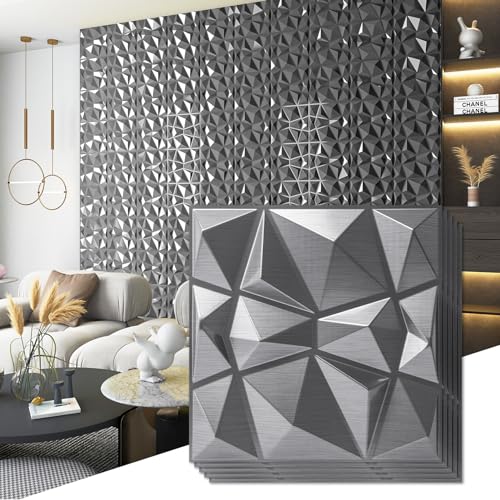 Art3d Painéis de design de diamante 3D para decoração de interiores, sala de estar, fundo de parede da TV, quarto, configuração de jogos, 30 x 30 cm, prateado, pacote de 33