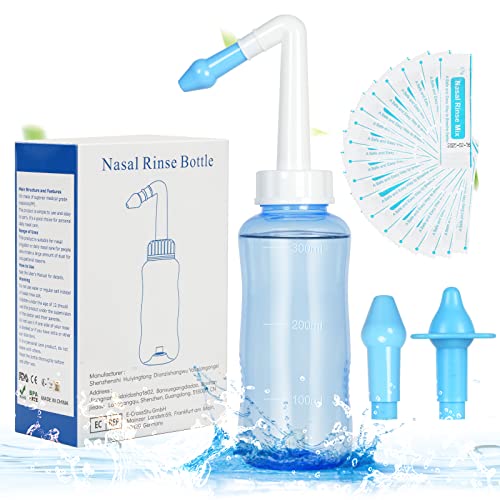 URAQT Lavagem nasal garrafa, 300 ml irrigador nasal com 2 bicos, Neti Pot com 40 x sal lavagem nasal, limpador nasal para alívio congestão nasal e limpeza nasal