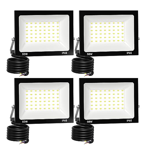 4 Pack Foco LED exterior 50 W, alto brilho 5000 LM projetor LED exterior iluminação 3000 K branco caldo, luz de segurança impermeável IP65, candeeiro LED parede teto para jardim garagem caminho pátio