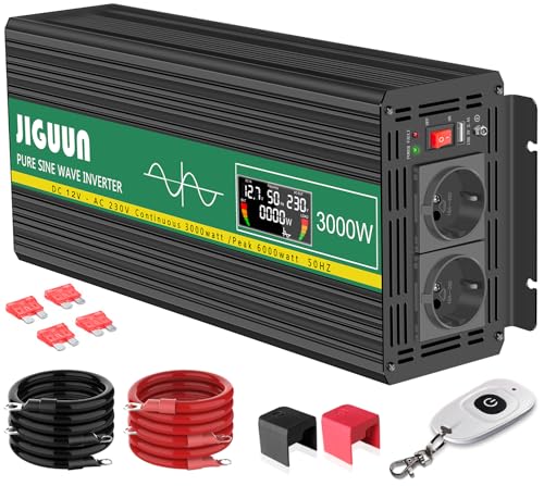 JIGUUN 3000 W Inversor 12 V 220 V conversor de onda pura com 2 entradas UE e um USB, controlo remoto sem fios e indicador LCD, potência máxima de 6000 W para RV, viagens, emergências