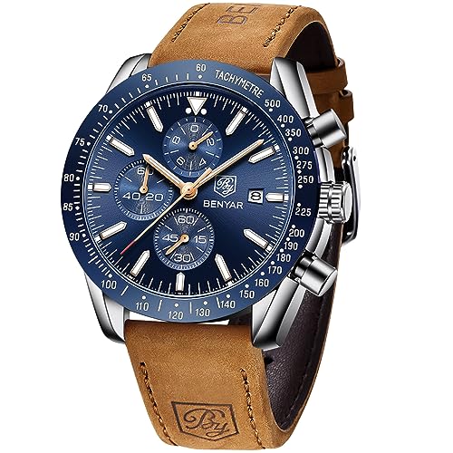 Benyar Relógios para homem, relógios de pulso, mostrador de design impermeável, relógio para homem, banda de couro analógico, data de bracelete, presente elegante