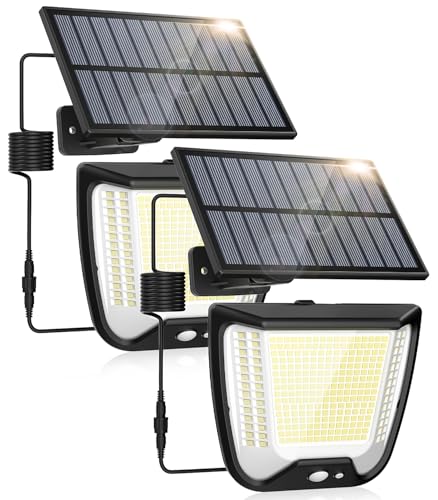 Luz solar exterior jardim holofote - 288 LED holofotes iluminação IP65 impermeável luzes solares exteriores com sensor de movimento potente com cabo de extensão 5 m para jardim garagem terraço