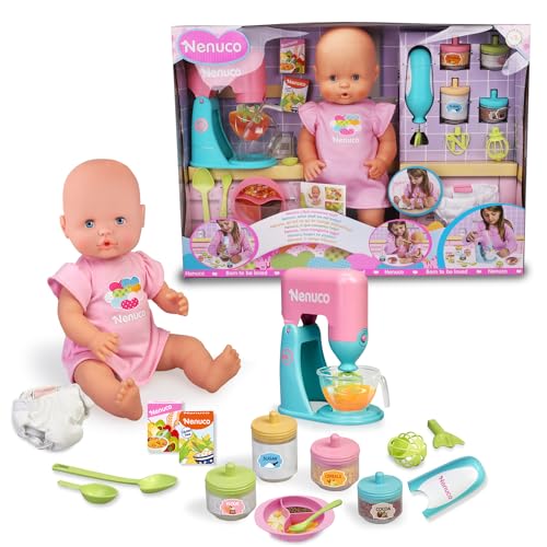 Nenuco - Boneco bebé com acessórios de comida e lanches para fazer papas, com 2 brinquedos eletrónicos, batedeira e colher, meninas e meninos de 4 anos, famosa (NFN43000), versão atual