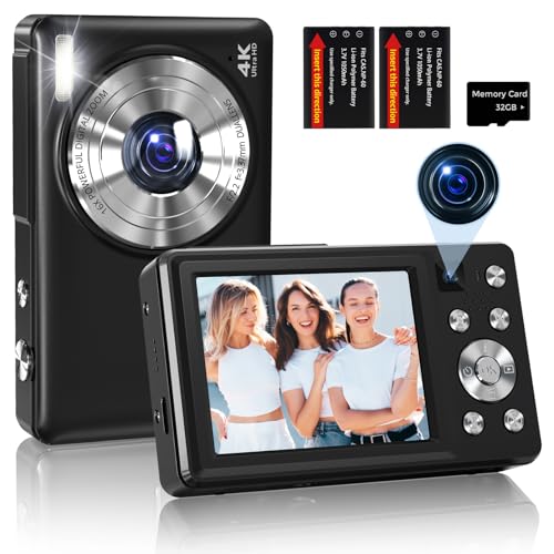 Câmara digital 4K 64 MP autofoco câmara de fotos digital compacta para Vlogging e selfies, ecrã 2,8 polegadas, zoom 16X, 2 baterias, preto