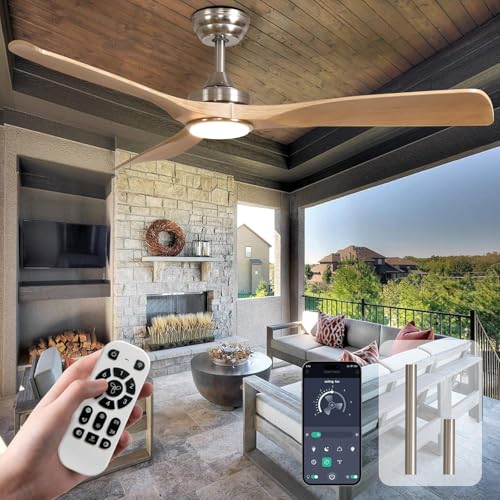 Depuley Ventoinha de teto com luz moderna, 132 cm, exterior com controlo remoto, APP para pátio, alpendre, ventilador preto interior, 3 pás reversível, temporizador silencioso