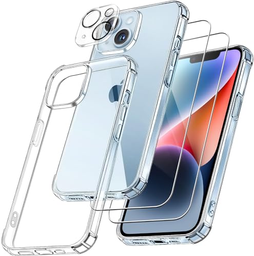 FLLAO 4 em 1 capa para iPhone 14 com 2 protetor de ecrã e 1 protetor de lente câmera, [almofada de ar integrada] anti-riscos TPU suave capa