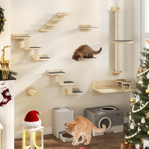 YITAHOME 8 peças prateleira de escalada para gatos montada na parede com 1 escada/2 plataformas e 2 escadas com tapetes antiderrapantes/1 poste de sisal com plataforma grande/cama com 2 tigelas