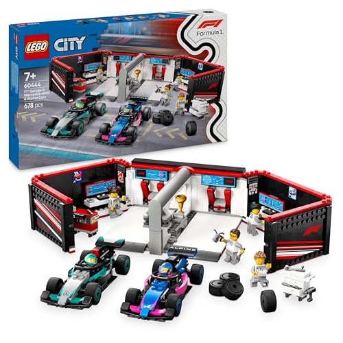 LEGO City Garagem de F1 com carros Mercedes-AMG e Alpine, 2 mochilas de veículos de fórmula 1 brinquedo e 2 minifiguras de pilotos e 4 mecânicos, presente para meninos e meninas de 7 anos ou mais