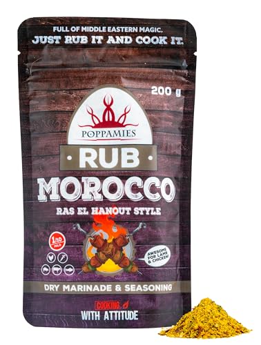 Poppamies Temperador de churrasco marroquino, estilo Ras Hanout marinho seco e tempero BBQ perfeito para peixe, legumes, frango, porco e carne de Res - embalagem grande (200 g)