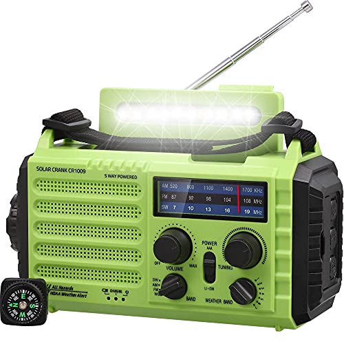Rádio de emergência manivela, solar, meteorológico para caminhadas e exteriores com Am/FM, alarme SOS, porta de carregamento USB, lanterna LED, candeeiro de leitura, bússola