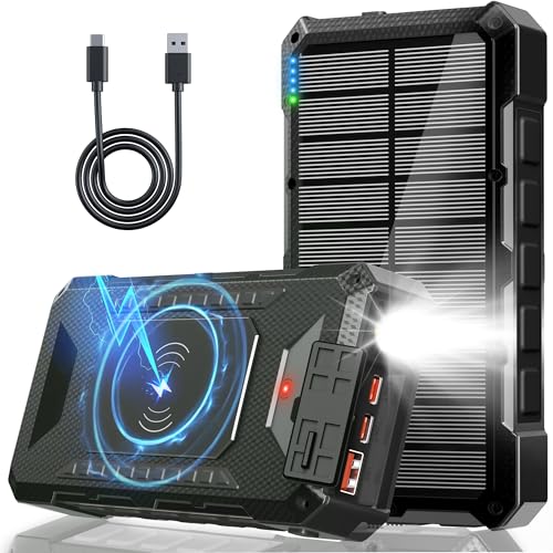 Power Bank Solar 26800 mAh, bateria externa de carregamento rápido, bateria externa sem fios, com 3 portas e lanterna LED, carregador solar para telemóvel, tablets, campismo (preto)