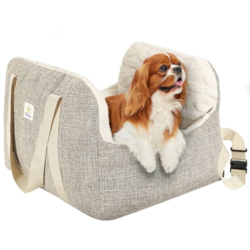 Pawaboo Assento de carro para cães animais de estimação, transporte de carro cães com fivela fixa e trela de segurança para cães de até 25 lbs, cama cão carro resistente à água, castanho bege