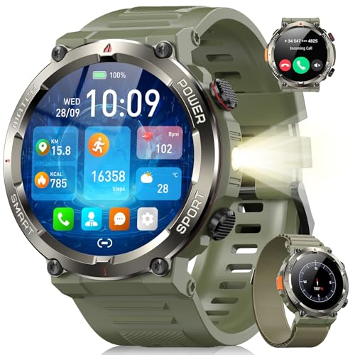 Blackview Relógio inteligente homem com lanterna e bússola, 1,45" Smartwatch com chamadas Bluetooth, pulsómetro, oxímetro de sono, podómetro, 100 modos desportivos, bateria grande de 960 mAh
