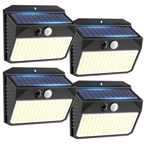 SIGRILL Luz solar exterior, 150 LED luzes solares com sensor de movimento, holofotes solares exteriores com 3 modos, IP65 candeeiros exteriores impermeáveis para jardim, garagem, rua, pátio, caminhos