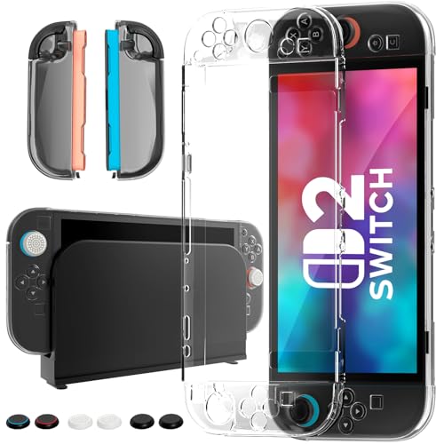 Tixlux Funda Protectora para Nintendo Switch 2 (2025), Carcasa Transparente de PC, Cubiertas Joy-con y 6 Grips para Pulgar, Antigolpes y Protección Completa Compatible con Switch Dock