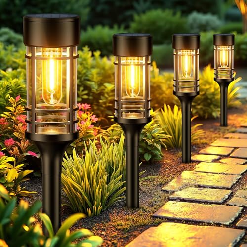 BUCASA Candeeiros solares para jardim exterior, 6 unidades de luzes solares para exteriores, IP65, resistentes à água, luzes solares para jardim, luz branca quente, luzes solares de jardim, decoração