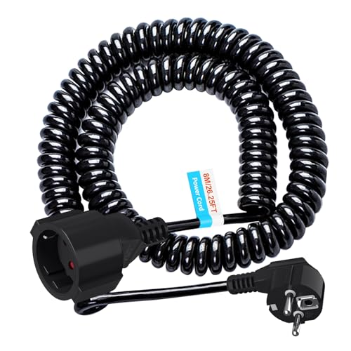 Cabo de extensão Schuko, cabo espiral de contacto de proteção extensível de 1,25 m a 8 m máx, cabo de extensão IP20 (230 V/16 A), 3 x 1,0 mm² com tomada e acoplamento Schuko, preto