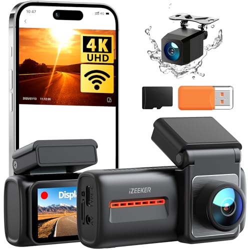 iZEEKER 4K Dashcam Frente e traseira, WiFi 6 Dash CAM carro com cartão 32G, 4K +1080P câmara de carro, ecrã de 2,99", aplicativo, visão noturna, sensor G, gravação em laço, monitor de estacionamento