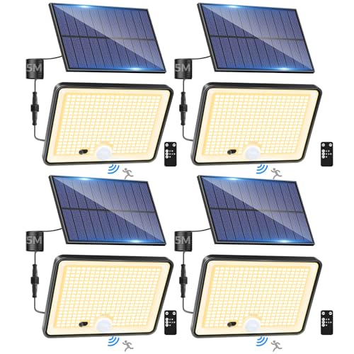 LOTMOS 4 pacotes luz solar exterior jardim, 342 LED/comando à distância holofotes LED exteriores solares sensor de movimento, IP65 candeeiro solar impermeável, 3 modos luzes solares LED exterior