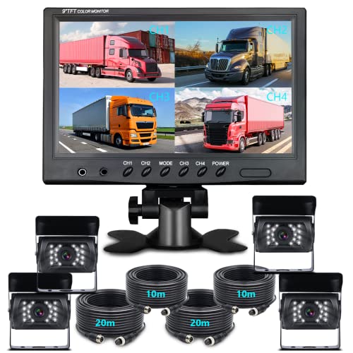 Câmara retro, câmara de visão traseira com cabo com monitor de ecrã dividido quádruplo de 9 polegadas com 4 câmaras IP68 impermeável de apoio de visão noturna para camiões e autocarros