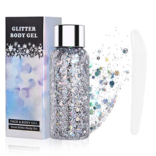 URAQT Purpurina líquida para maquilhagem festival, gel Chunky Glitter corporal, brilhantes para o rosto, cabelo e corpo para o Halloween (prata)