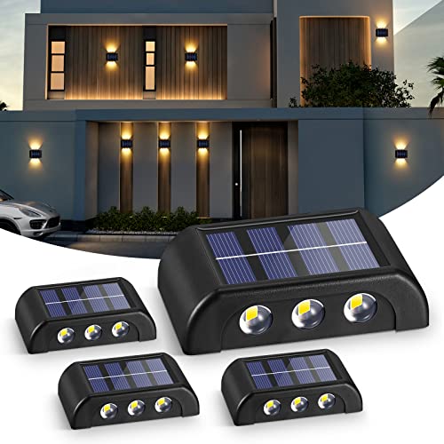 YUNYODA 4 peças apliques solares exteriores, luz solar exterior jardim, 6 LED candeeiro de parede LED solar Up & Down Light decorativa LED de parede, IP65 impermeável, para terraços pátio, jardim