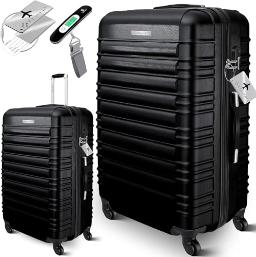 KESSER® Mala rígida de viagem, inclui balança de bagagem etiqueta de bagagem, mala com rodas, fechadura de combinação, 4 rodas, plástico ABS, cabo telescópico, Preto