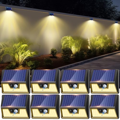 nipify Pacote de 8 luz solar exterior com sensor de movimento, 3 modos luz solar exteriores, IP65 impermeável holofotes solares exteriores para jardim, garagem, pátio, caminhos