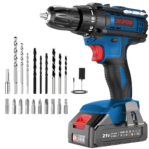 DYJPOW 21 V Broca parafuso bateria com 2,0 Ah bateria, parafuso elétrico 42 Nm, 18 + 1 ajuste de par, 22 acessórios, 2 velocidades, luz LED para casa, bricolagem, azul