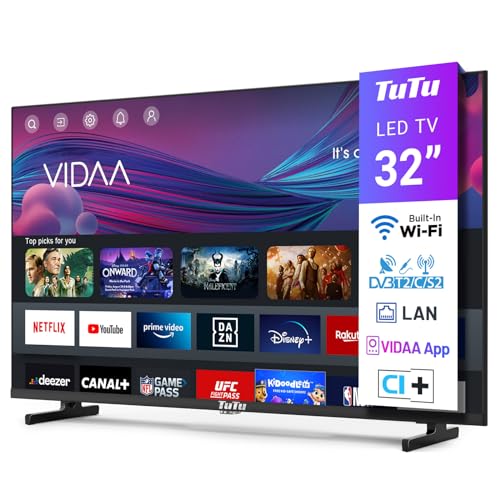 TuTu Smart TV LED HD de 32 polegadas com WiFi, App Store, sintonizador digital, vídeo premium, Netflix, Youtube, DAZN, Disney, Pluto TV, compatível com VIDAA (TUV32HQ1B, 2024)