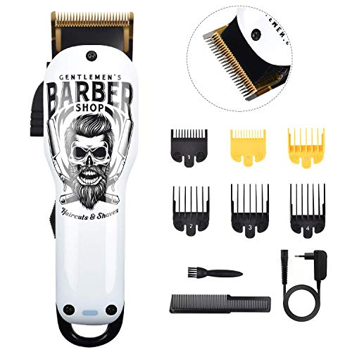 BESTBOMG Corta-pelos profissional homens, máquina de cortar cabelo kit lâmina de titânio e cerâmica 6 pente-guia, máquina de cortar cabelo bateria recarregável de lítio 2000 mAh (Y4 branco)