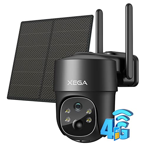 Xega 4G LTE Câmara de vigilância exterior com Sim, câmara 4G solar sem cabo com bateria 2K HD PTZ 355°/90°, visão noturna, detecção de movimento, armazenamento local e nuvem, IP66