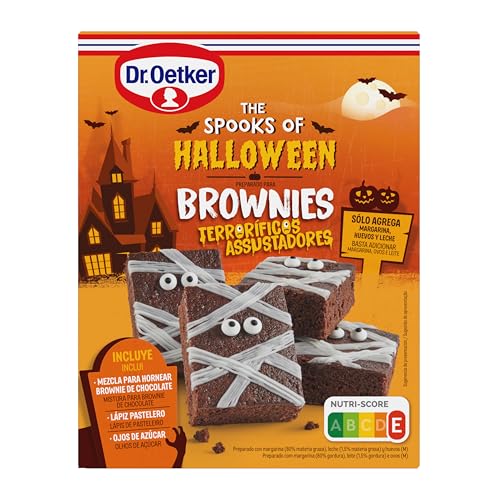 DR. OETKER - Kit de Brownies de Halloween, preparado de Brownies de chocolate, decoração para Halloween, inclui mistura para assar lápis pasteleiro olhos de açúcar