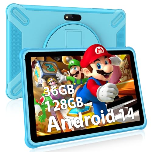 FASTWD Tablet para crianças de 10 polegadas familiar/Android 14, 36 GB RAM 128 GB ROM (SD expansível), 8000 mAh, 5G WiFi, BT 5.0, controlo parental, HD IPS Display, tablet educativo - azul