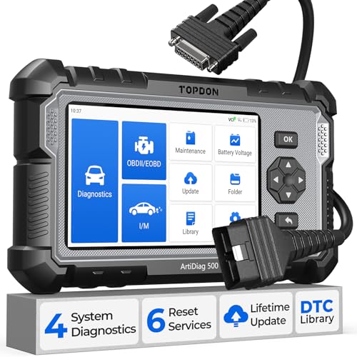 TOPDON Dispositivo de diagnóstico OBD2 para carro AD500, 4 diagnósticos de sistema para ABS SRS motor e caixa de mudanças, 6 funções de serviço para óleo regular, BMS, SAS, DPF, TPMS e válvula