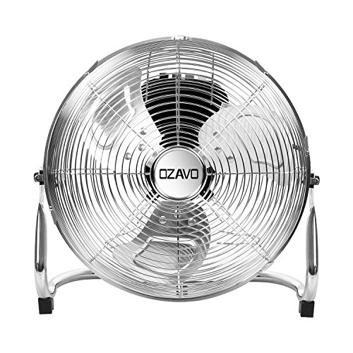 OZAVO Ventoinha de chão cromada industrial 40 cm, 50 W, 3 velocidades, 3 pás metálicas, motor de cobre, cabeça de inclinação ajustável, portátil para casa, escritório, ginásio, fábrica, garagem