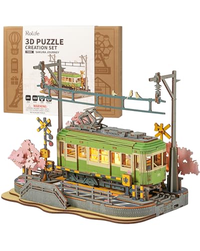 Rolife Puzzle 3D viagem Sakura quebra-cabeças de madeira para adultos Sakura Densya modelo kits com luzes LED cena de animação decoração de casa romântica presentes para ela / ele